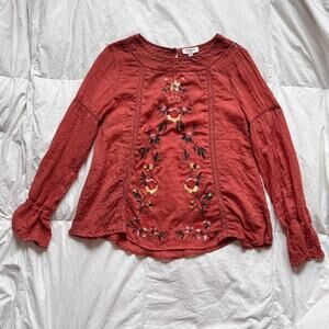 umgee orange Embroidered floral gauze blouse sz S shift  cottagecore boho